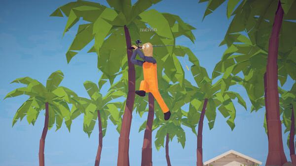 How to Fish game screenshot: a low-poly character climbing a palm tree with a rifle.