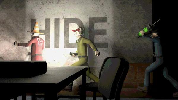 Machine Party screenshot: cartoon characters in red and yellow flee as another holds a syringe near HIDE graffiti.