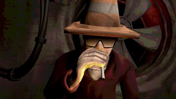 Machine Party screenshot showing a low-poly man in a striped hat and red coat smoking a cigarette.