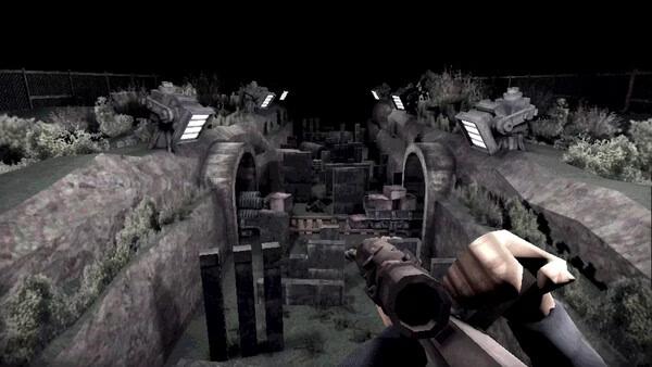 Machine Party screenshot: first-person view holding a rifle in a ruined trench with turrets.