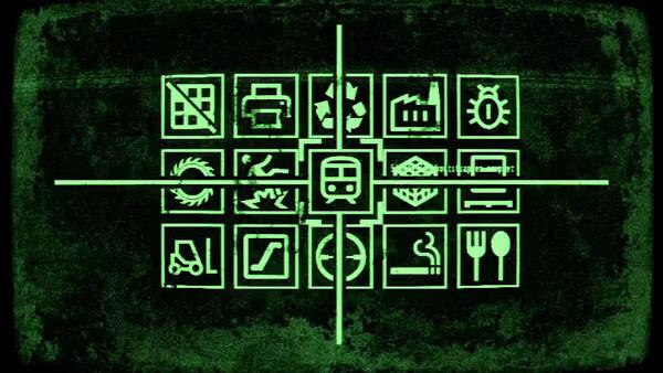 Machine Party screenshot showing green grid of industrial icons with central bus icon.