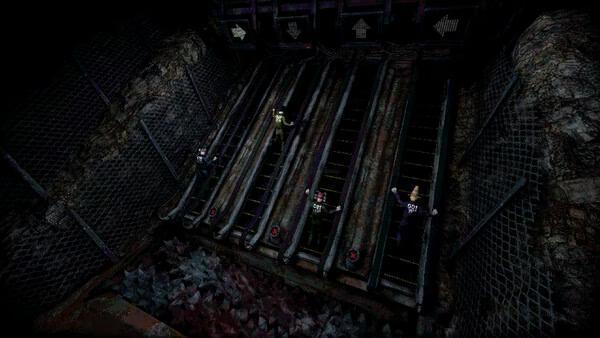 Machine Party screenshot showing four characters on sloped conveyor belts in a dark industrial room.