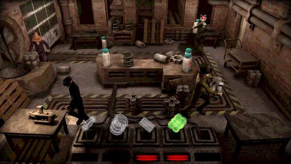 Machine Party screenshot showing a character in a dark workshop with conveyor belts