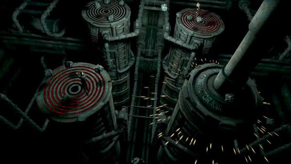 screenshot from Machine Party showing industrial towers with glowing red coils and sparks.