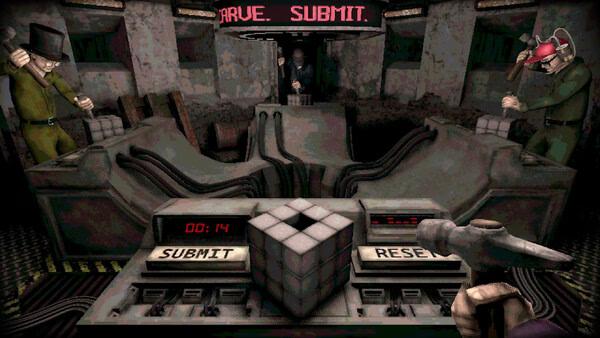 Machine Party screenshot showing first-person view of workers and a central puzzle cube in a factory.