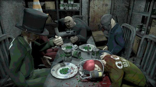 Machine Party screenshot of a top-hatted man, armed figures at a table with peas, and a slumped character.
