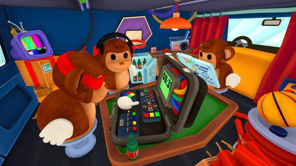Screenshot of BOMBANANA! showing a brown monkey in headphones beside a control panel.