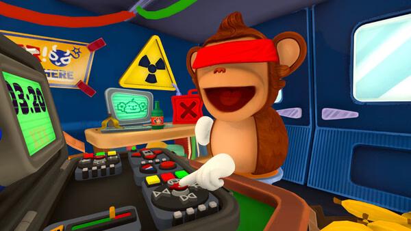 BOMBANANA! screenshot: a smiling monkey in a red blindfold presses a button on a console in a control room.