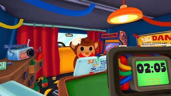 BOMBANANA! screenshot: a cartoon monkey in a chef hat stands inside a food truck; digital clock reads 02:05.