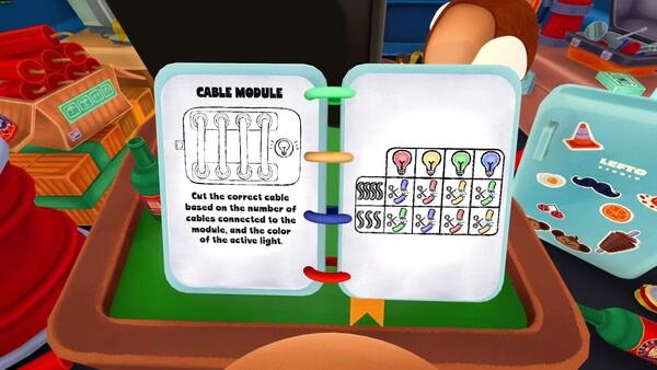 BOMBANANA! screenshot of an open Cable Module manual with colored bulbs and cable diagrams.