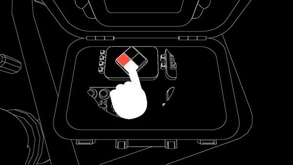 BOMBANANA! screenshot: white cartoon hand holds red cube over control panel with symbols.