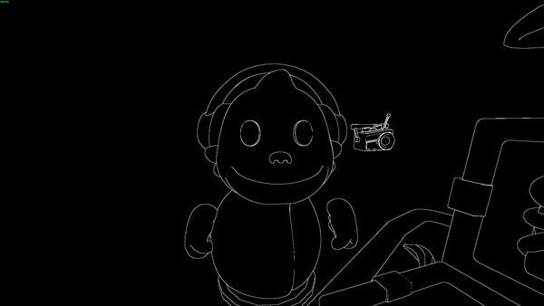 BOMBANANA! screenshot: a white outlined monkey wearing headphones stands near a boombox on black background.