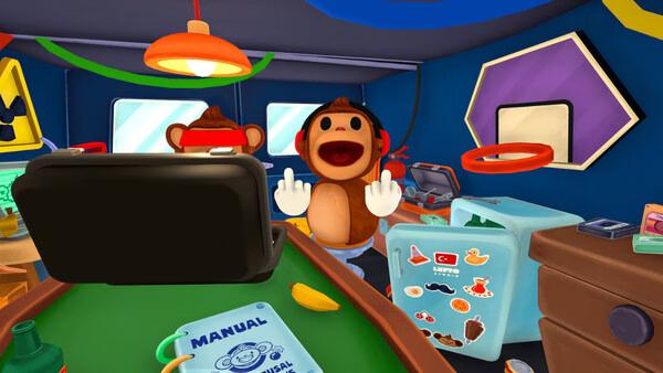 BOMBANANA! screenshot showing a smiling monkey with red headphones gesturing near a green table.