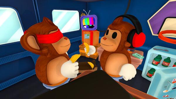 BOMBANANA! game screenshot: two cartoon monkeys, one blindfolded holding banana, one with headphones in a blue room.