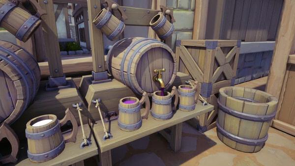 Alchemy Factory screenshot: wooden barrels and mugs of colorful potions on a workbench.