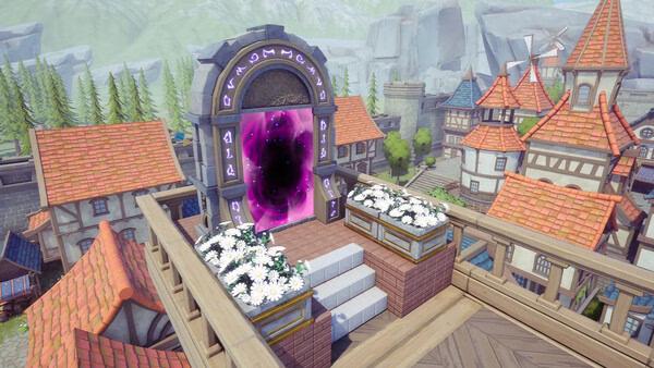 Alchemy Factory screenshot showing a fantasy town square with a glowing purple portal.