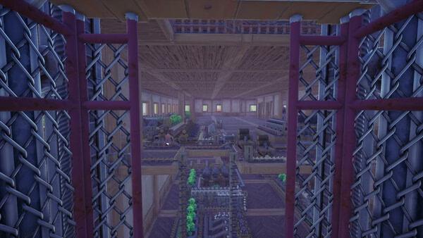 Alchemy Factory screenshot: view through barred windows into a factory with machines, pipes and green plants.