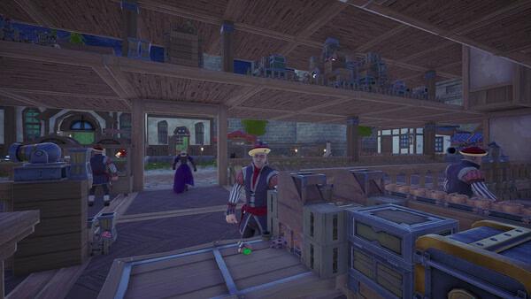 Alchemy Factory screenshot: a worker in a striped shirt stands in a busy wooden factory workshop.