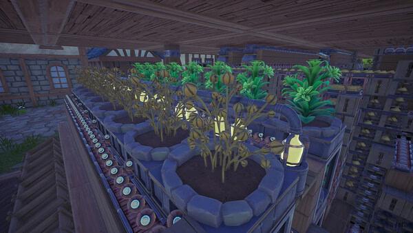 Alchemy Factory screenshot: rows of leafy plants in stone planter beds under wooden beams.
