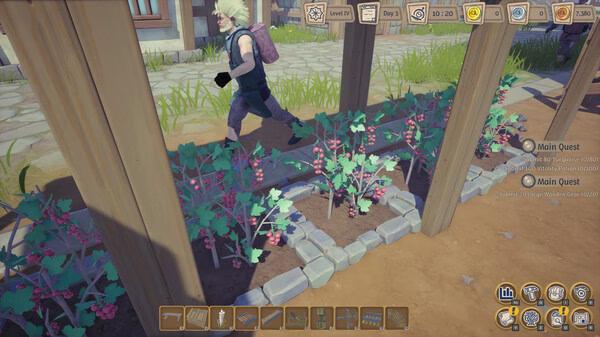 Alchemy Factory screenshot: a character walks past berry plants in garden beds.