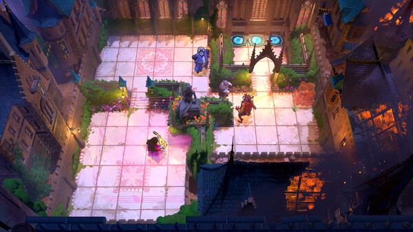 screenshot of Order of the Sinking Star showing a top-down courtyard with pink markings and characters.