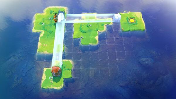 Order of the Sinking Star screenshot showing floating green islands linked by glowing bridges over water.