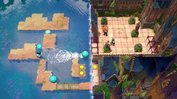 screenshot of Order of the Sinking Star showing a split-screen puzzle: a flooded ruin with glowing orbs and a town square with characters.