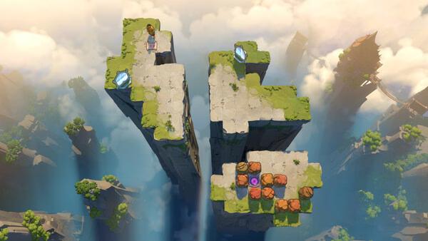 Order of the Sinking Star screenshot showing floating islands, a character, and orange puzzle blocks.
