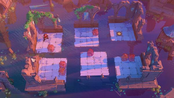 Game screenshot of Order of the Sinking Star with a hero amid red crystals on flooded stone platforms.