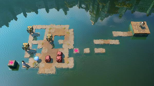 Order of the Sinking Star screenshot: characters on floating stone platforms in water.