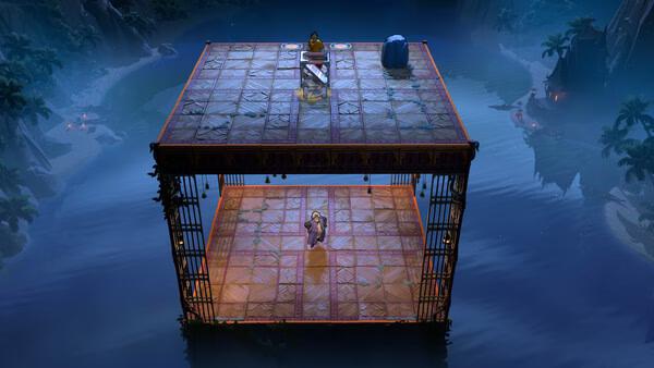 Order of the Sinking Star screenshot: a character stands on a two-tiered floating wooden platform over dark water.