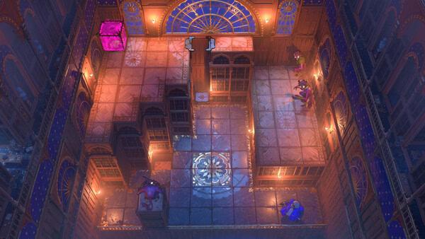 Order of the Sinking Star screenshot showing top-down puzzle room with pink block and characters.