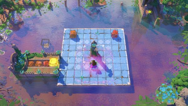 Order of the Sinking Star screenshot: a hero on a grid battlefield amid flooded ruins with chests and magic.