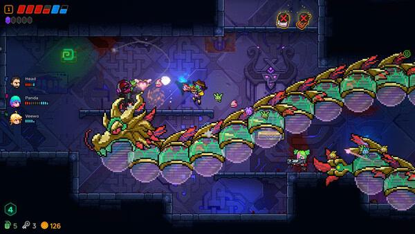 Neon Abyss 2 screenshot: pixel-art heroes battle a long golden dragon boss with green segments and purple orbs.