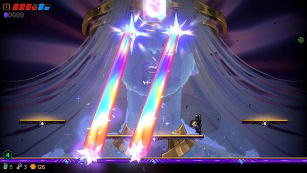 A Neon Abyss 2 screenshot showing a giant boss firing two rainbow beams at a small player.