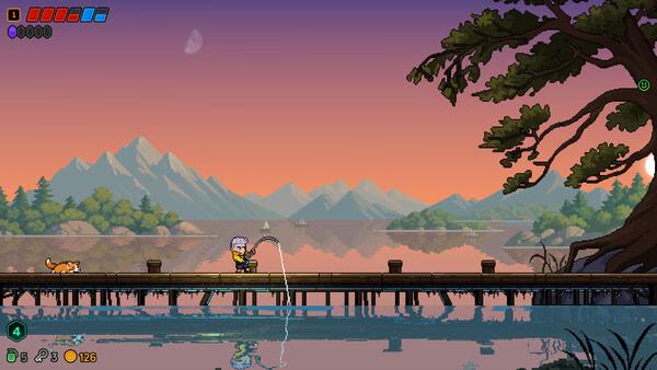 Neon Abyss 2 screenshot: a character fishes from a wooden dock over calm water with mountains at sunset.