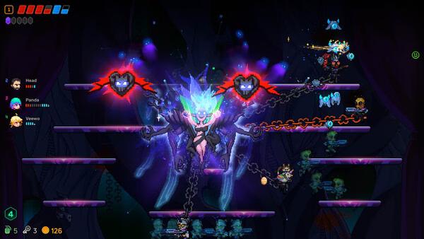 Neon Abyss 2 screenshot: a glowing blue boss with chains fights tiny characters on dark platforms.