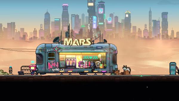 Neon Abyss 2 screenshot showing a neon-lit MARS shop and characters in a futuristic city at sunset.