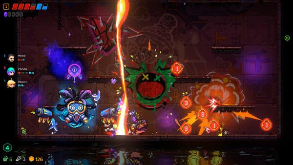 Neon Abyss 2 screenshot showing a green monster boss fight with lasers and explosions.