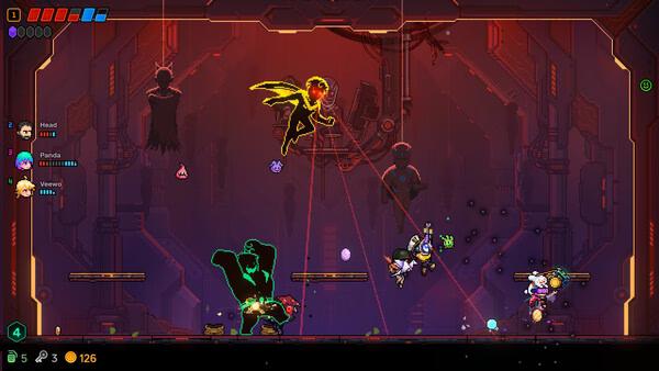 Neon Abyss 2 screenshot: a yellow-glowing hero dashes through a red industrial room amid bullets and enemies.