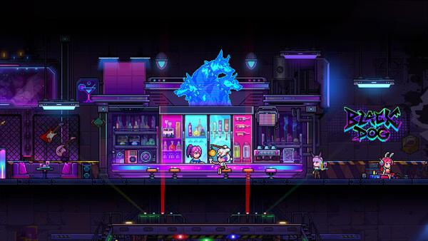 Screenshot of Neon Abyss 2 showing a neon cyberpunk bar with a large blue crystal creature, bartender, and patrons.