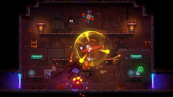 Neon Abyss 2 screenshot of a character firing a glowing yellow orb attack in a dungeon.