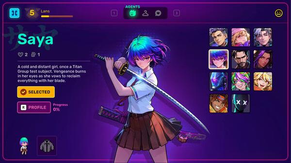 Neon Abyss 2 screenshot showing Saya, a blue-haired katana-wielding girl, on character selection screen.