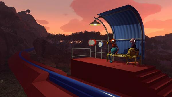 Big Walk screenshot: two cartoon characters sit on a bench at a cliffside stop under a sunset sky.