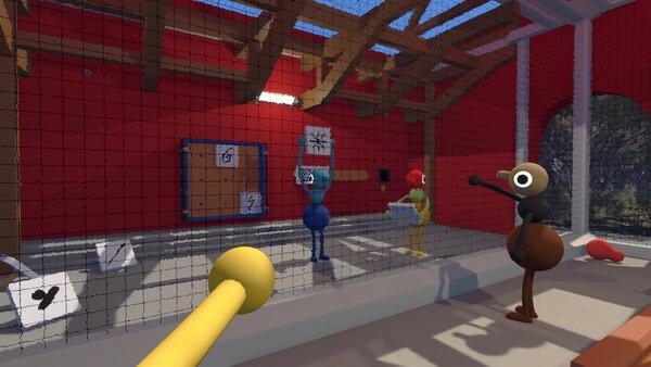 Big Walk screenshot shows bird-like characters holding signs in a red-walled room.
