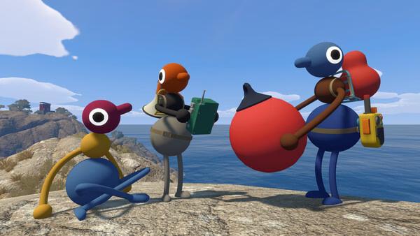 Big Walk screenshot: three colorful cartoon characters on a rocky shore by the sea.