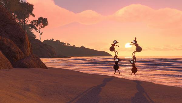 Big Walk screenshot shows two quirky silhouetted characters on a beach at sunset.
