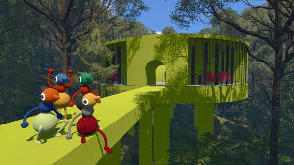 Big Walk screenshot showing colorful characters on a green walkway outside a modern round building in a forest.