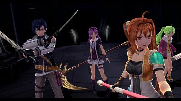 Screenshot from The Legend of Heroes: Trails of Cold Steel IV showing four characters with weapons ready in a dark setting.