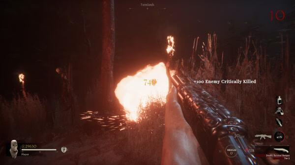 Sker Ritual screenshot showing a first-person gun firing a massive muzzle flash at an enemy in the dark.